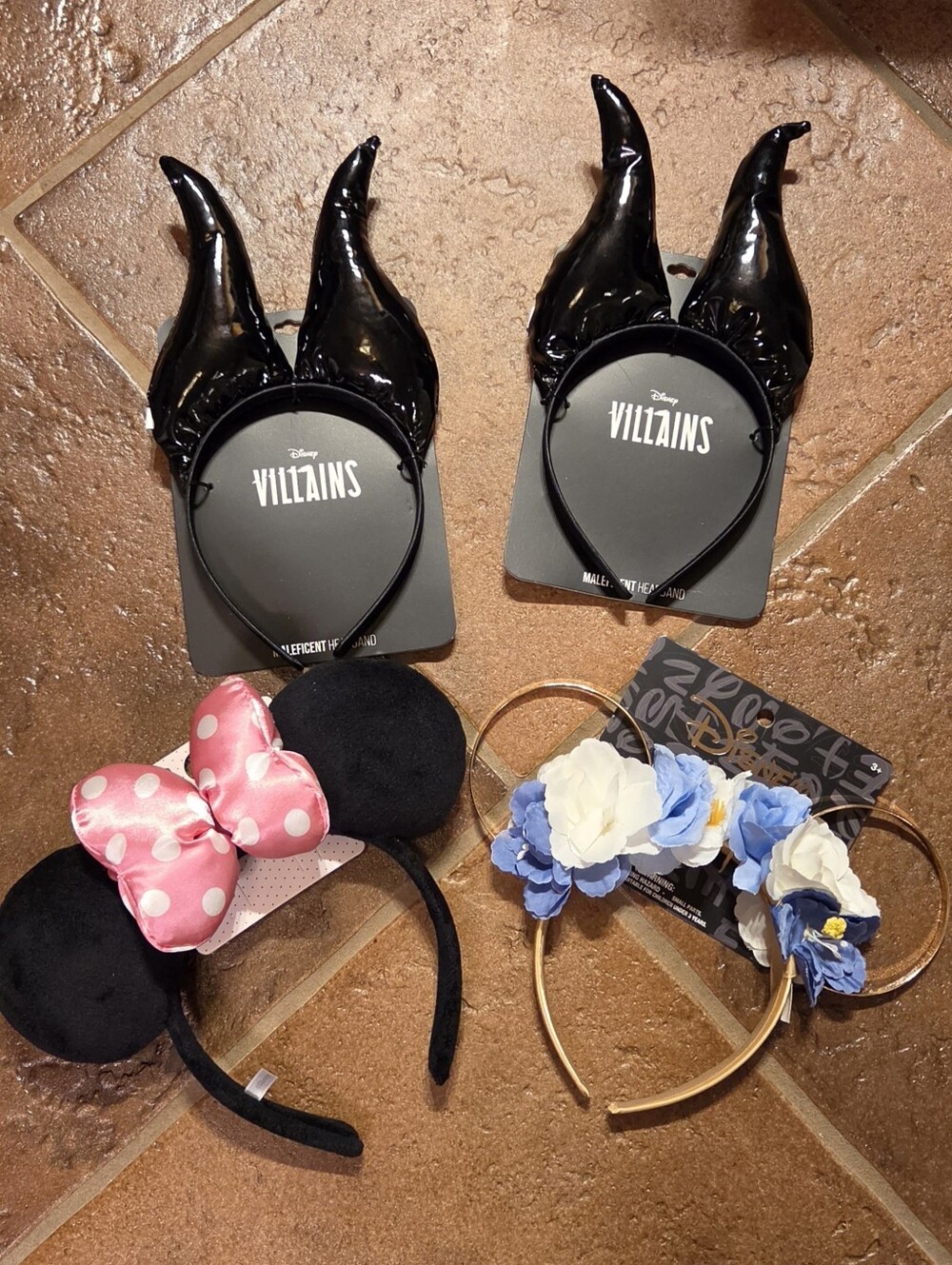 4 Pair Disney & Bioworld Ears Including Maleficent, Floral & Minnie